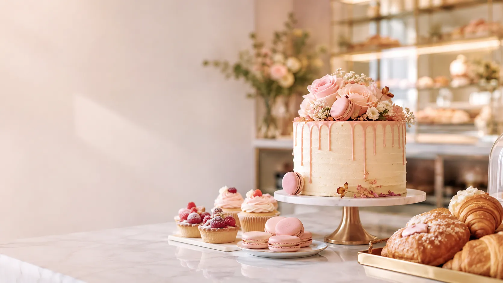Torta de celebración con rosas y macarons en la vitrina de DeliDanis